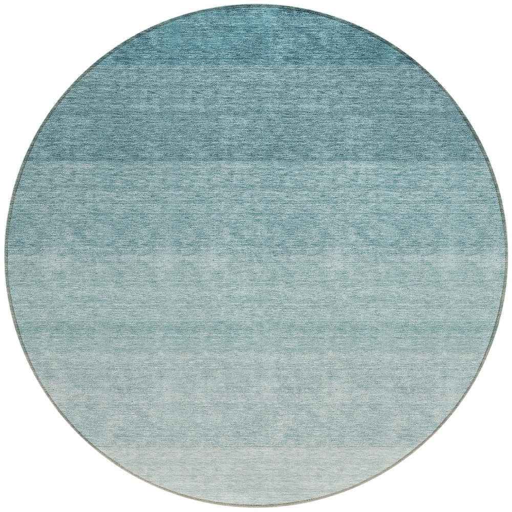 8' Teal Blue And Ivory Round Ombre Washable Indoor Outdoor Area Rug
