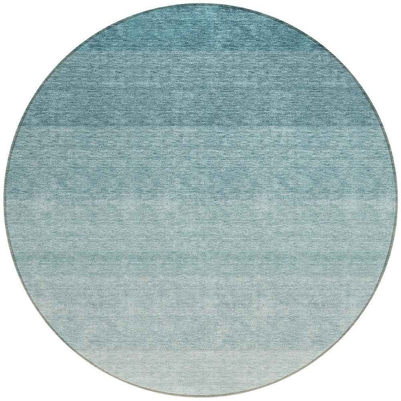 8' Teal Blue And Ivory Round Ombre Washable Indoor Outdoor Area Rug