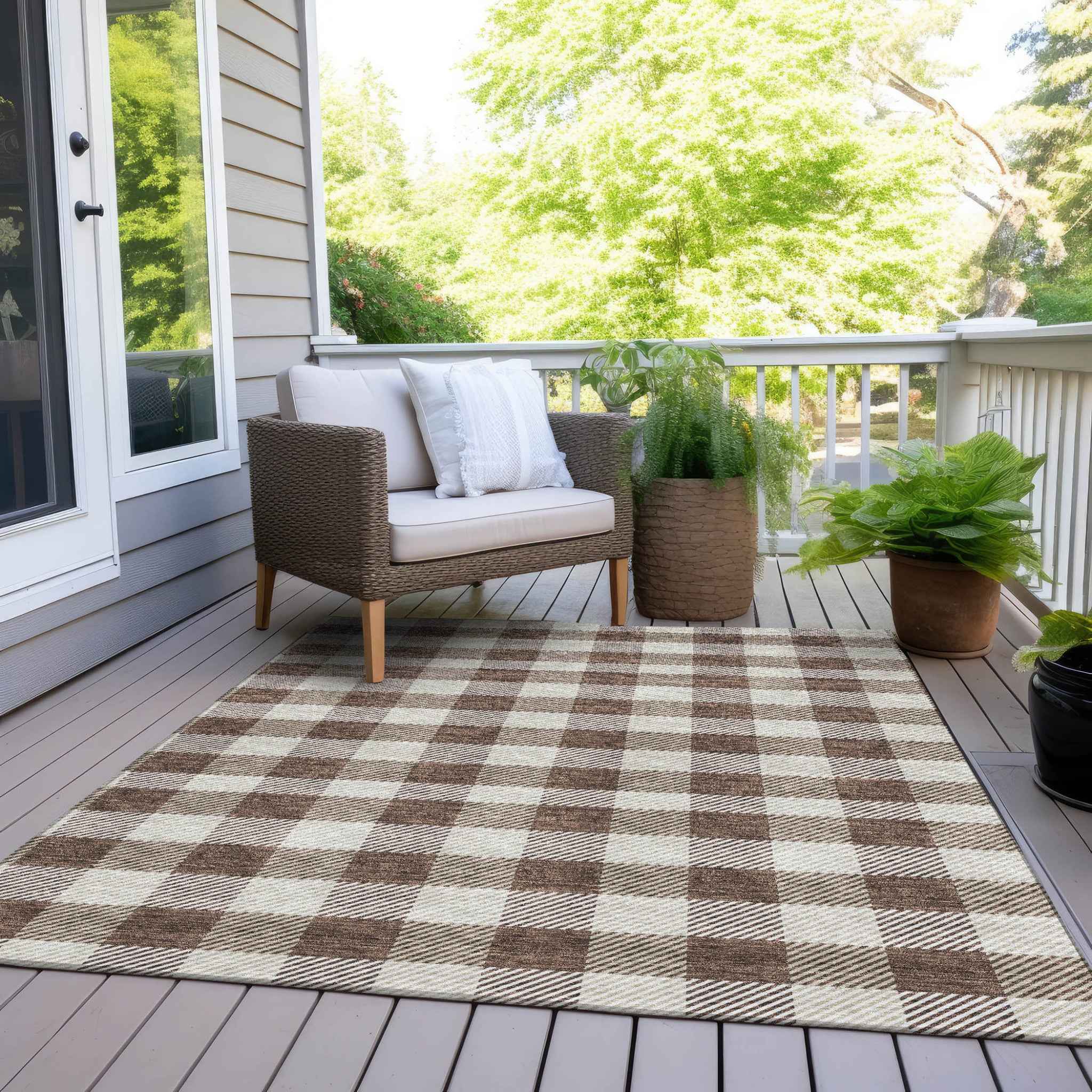5' X 8' Brown And Beige Plaid Washable Indoor Outdoor Area Rug