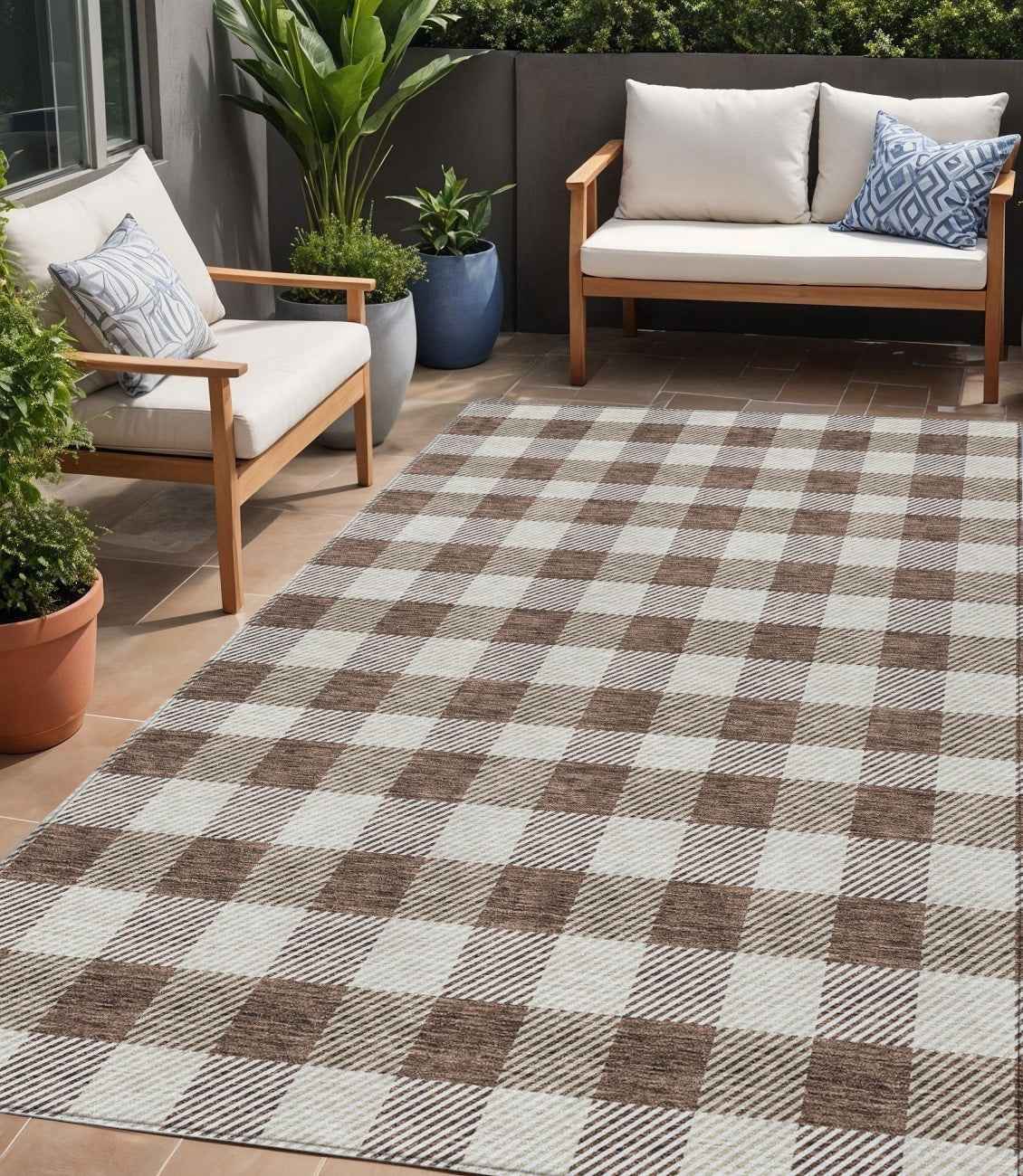 5' X 8' Brown And Beige Plaid Washable Indoor Outdoor Area Rug