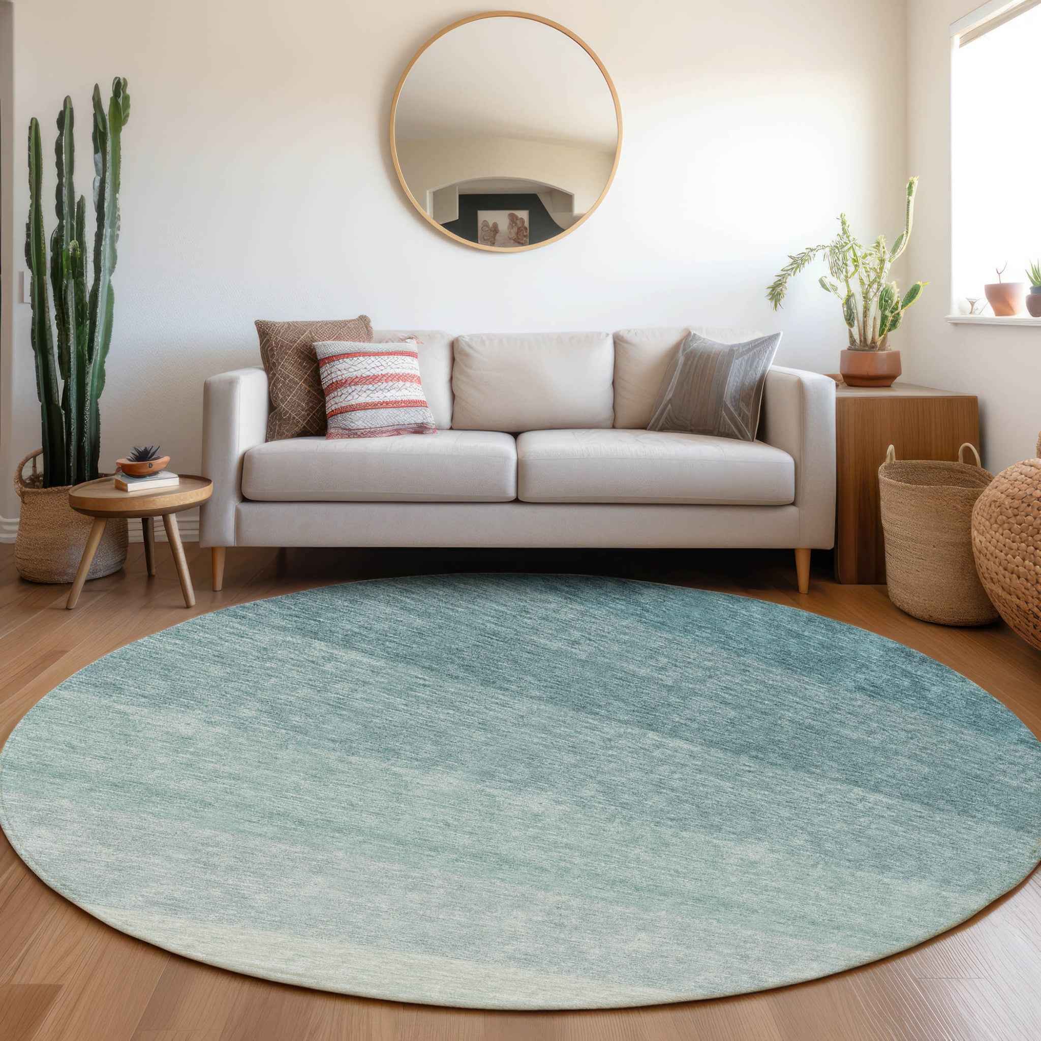 8' Teal Blue And Ivory Round Ombre Washable Indoor Outdoor Area Rug