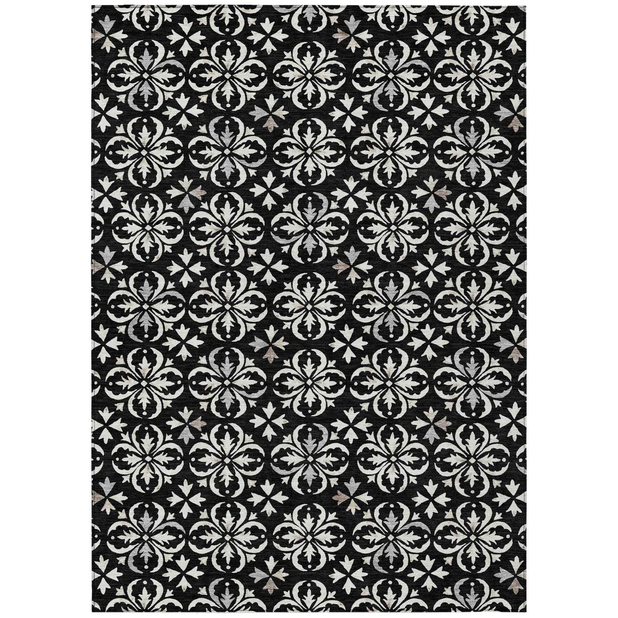 5' X 8' Black And Ivory Floral Washable Indoor Outdoor Area Rug