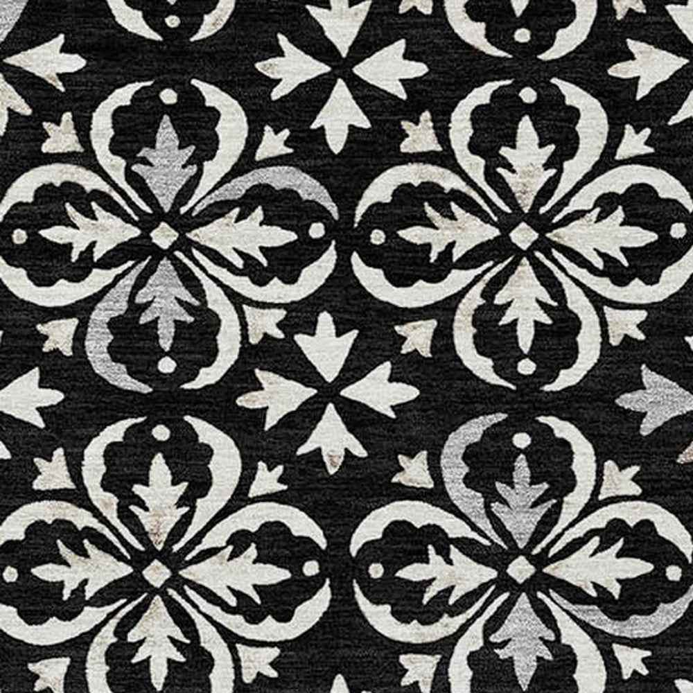 5' X 8' Black And Ivory Floral Washable Indoor Outdoor Area Rug