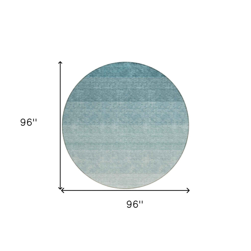 8' Teal Blue And Ivory Round Ombre Washable Indoor Outdoor Area Rug