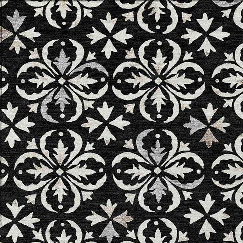 5' X 8' Black And Ivory Floral Washable Indoor Outdoor Area Rug