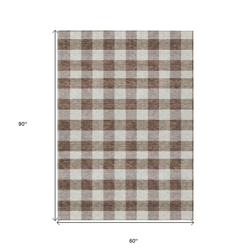 5' X 8' Brown And Beige Plaid Washable Indoor Outdoor Area Rug