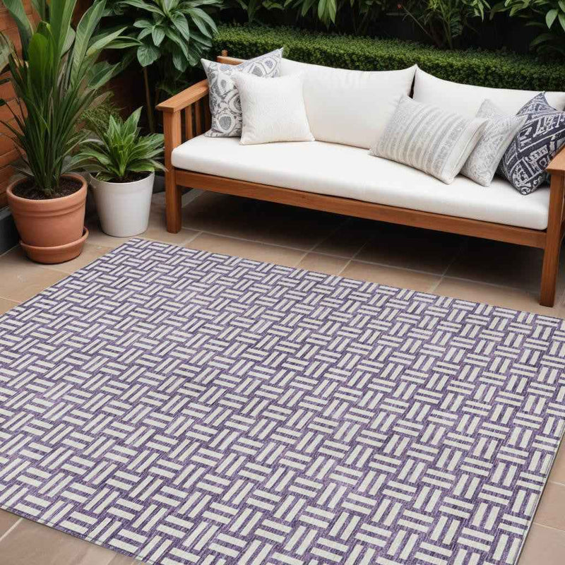 10' X 14' Purple And Ivory Geometric Washable Indoor Outdoor Area Rug