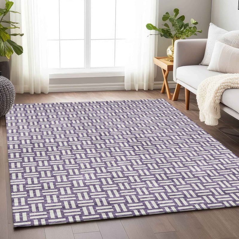 10' X 14' Purple And Ivory Geometric Washable Indoor Outdoor Area Rug