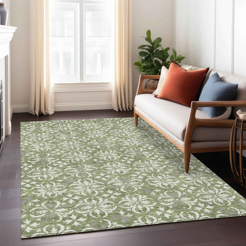 3' X 5' Green Gray And Ivory Floral Washable Indoor Outdoor Area Rug