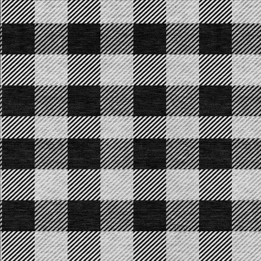 8' X 10' Black Gray And Ivory Plaid Washable Indoor Outdoor Area Rug