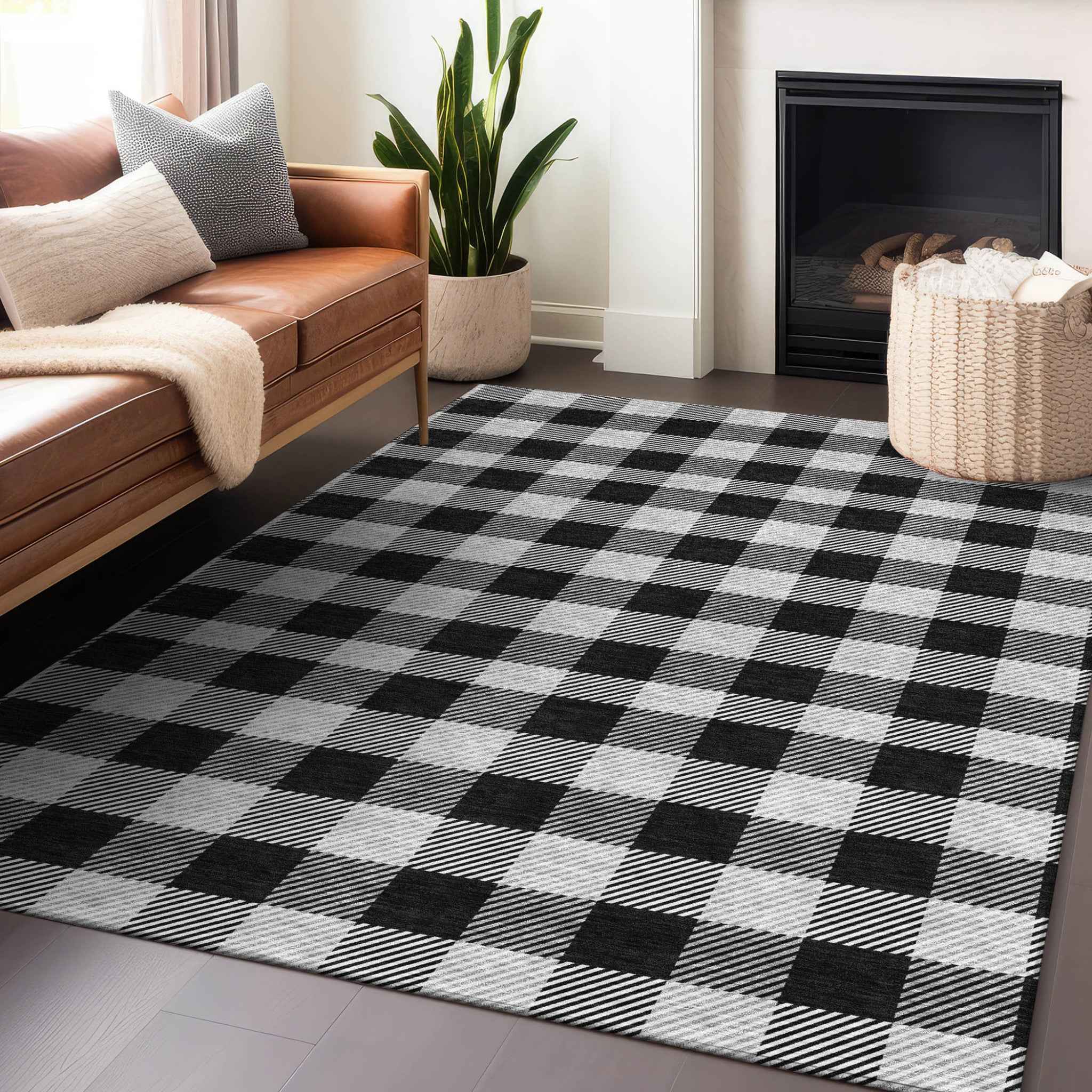 8' X 10' Black Gray And Ivory Plaid Washable Indoor Outdoor Area Rug