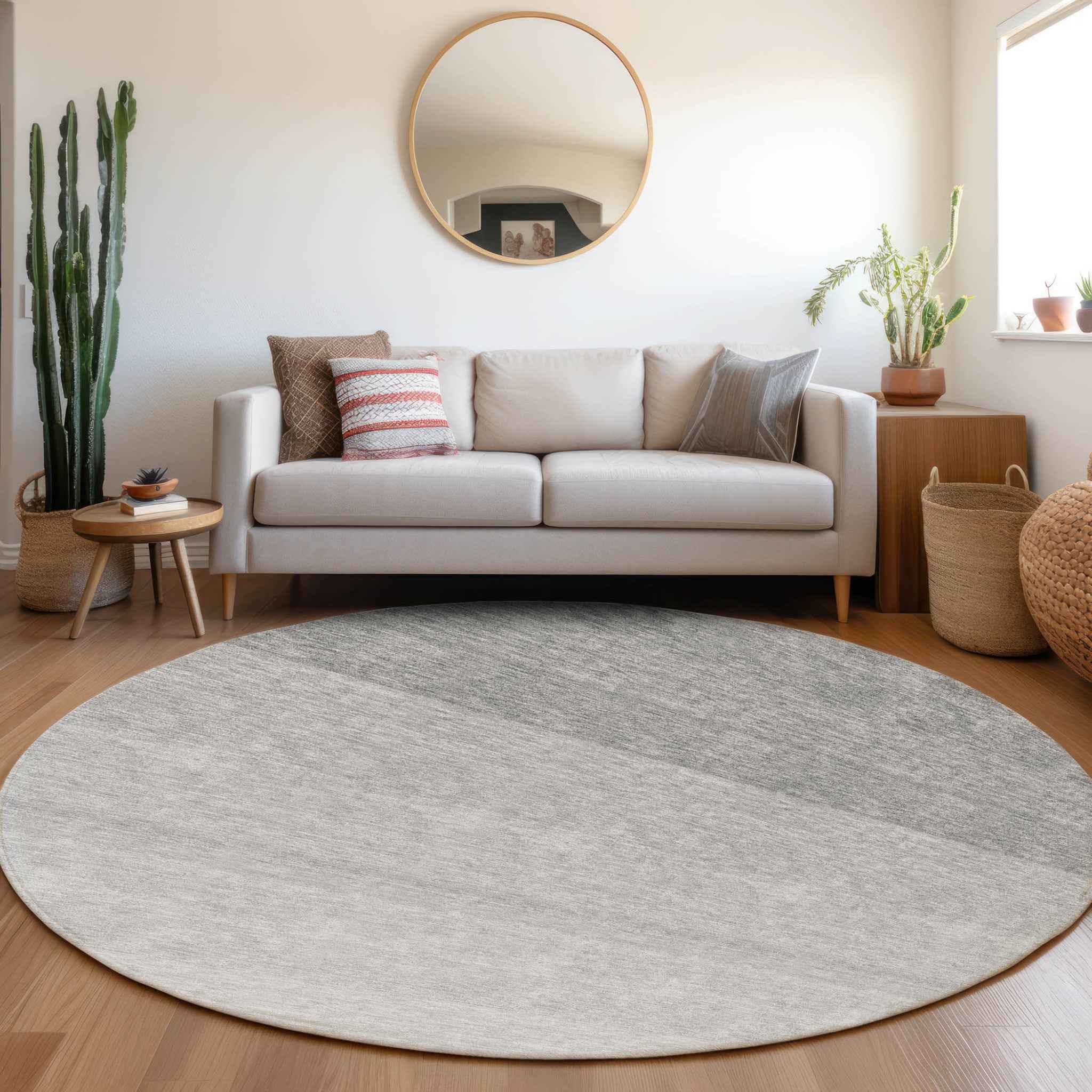 8' Gray And Light Gray Round Ombre Washable Indoor Outdoor Area Rug