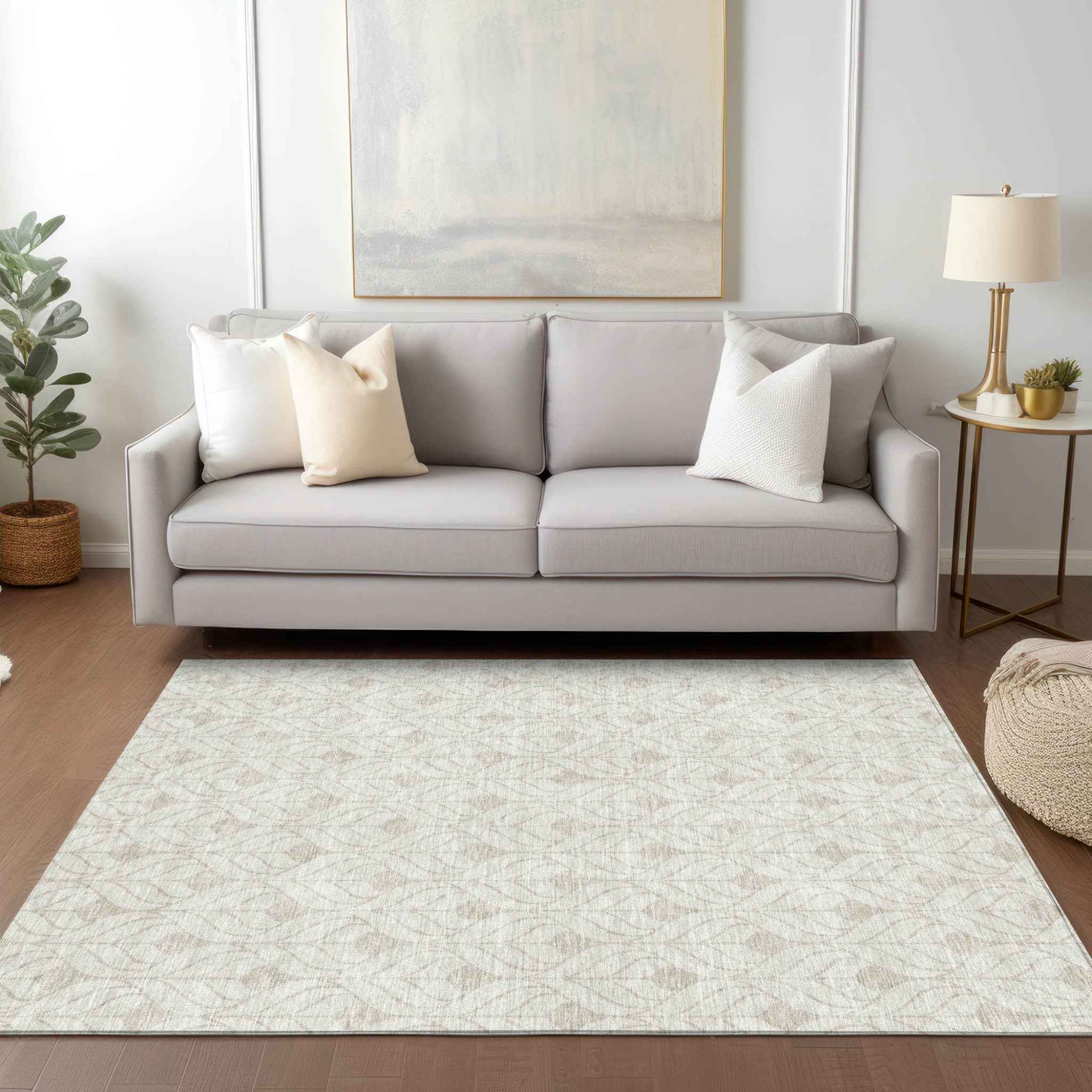 3' X 5' Ivory And Beige Geometric Washable Indoor Outdoor Area Rug