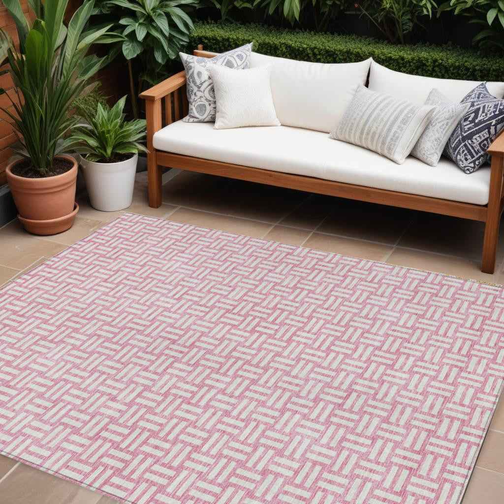 8' X 10' Pink And Ivory Geometric Washable Indoor Outdoor Area Rug