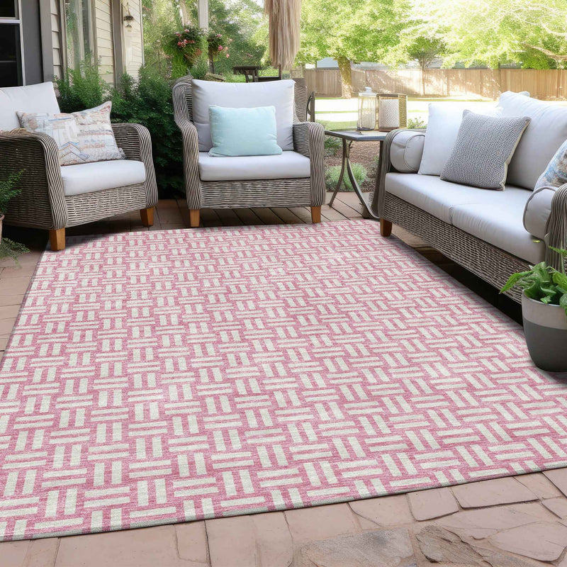8' X 10' Pink And Ivory Geometric Washable Indoor Outdoor Area Rug