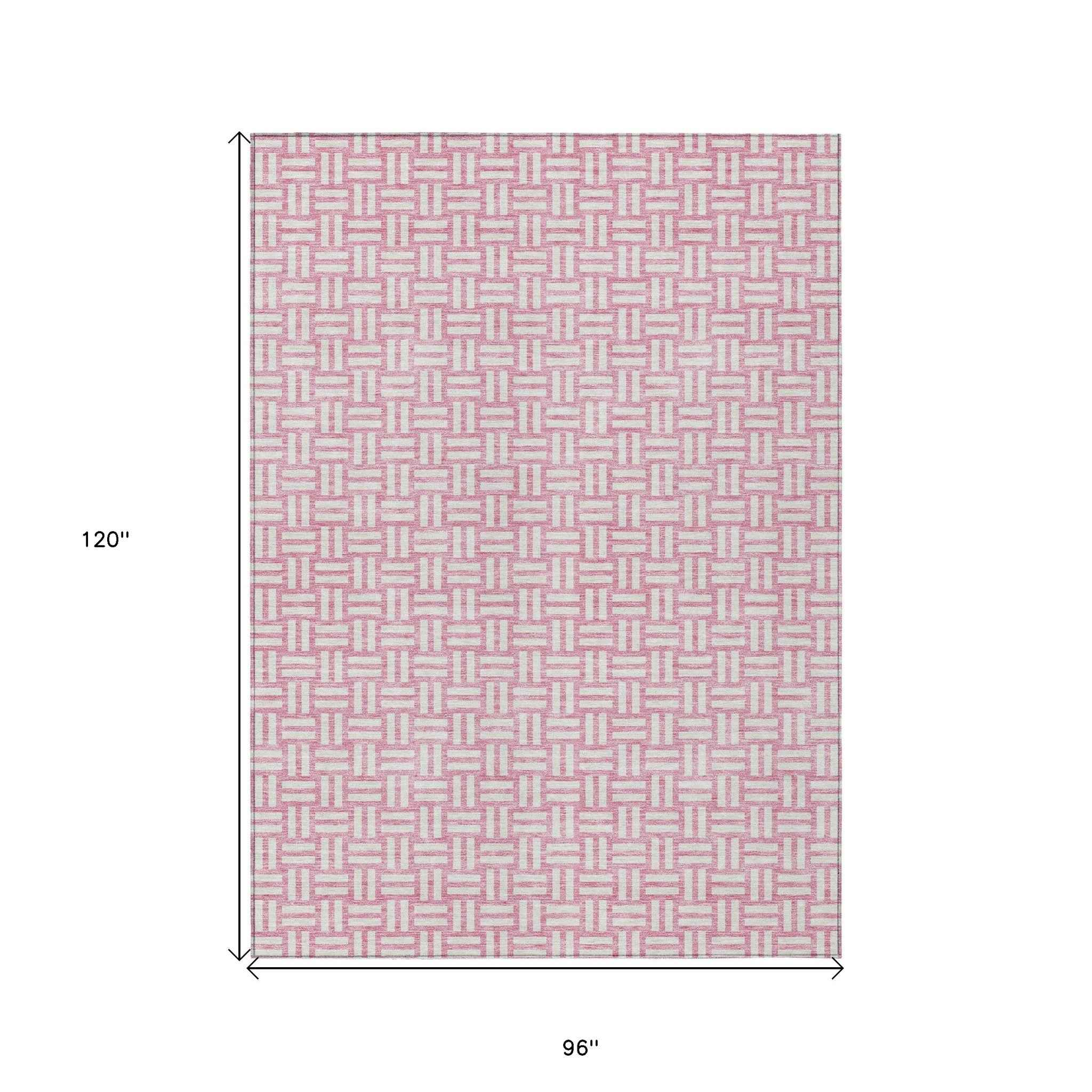 8' X 10' Pink And Ivory Geometric Washable Indoor Outdoor Area Rug