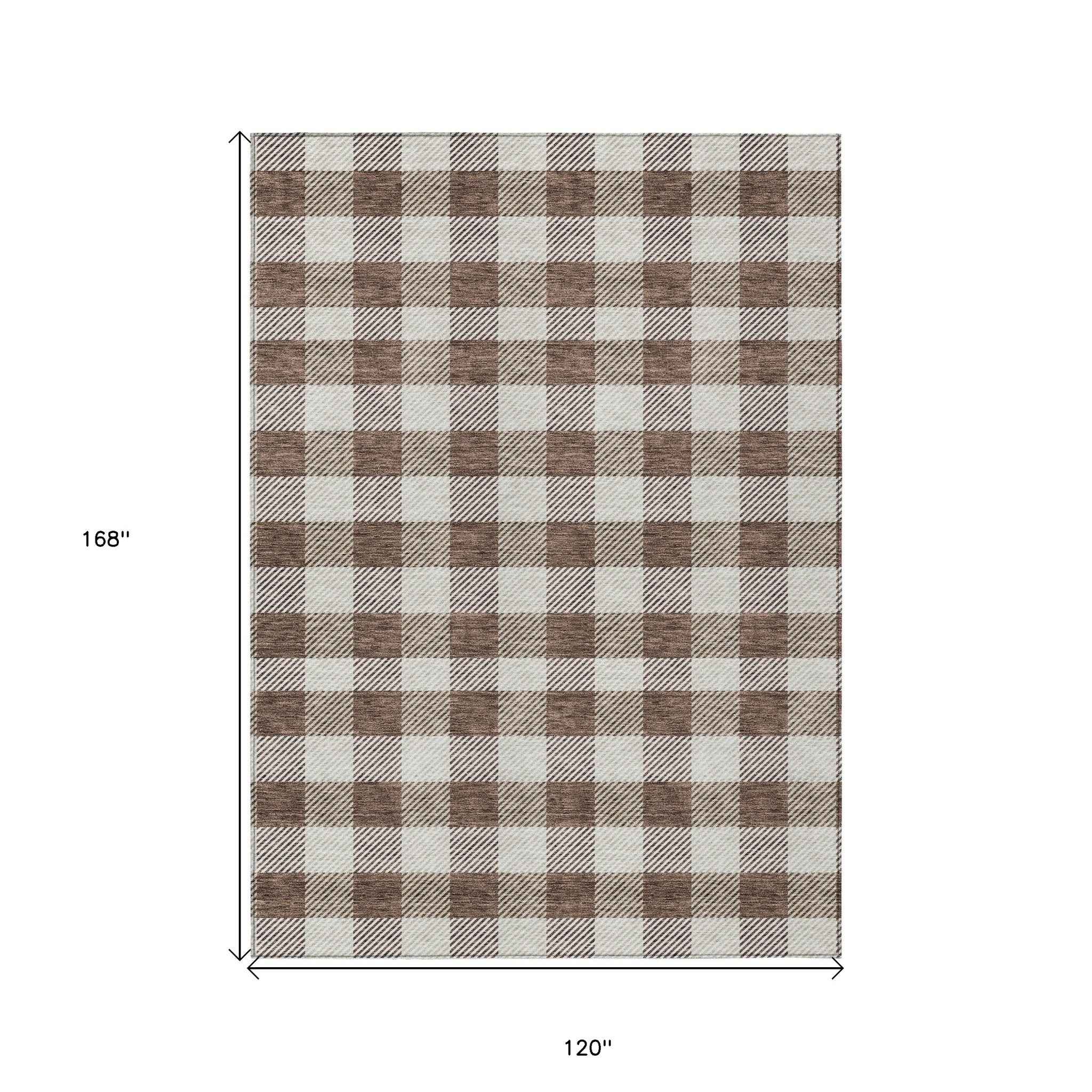 10' X 14' Brown And Beige Plaid Washable Indoor Outdoor Area Rug