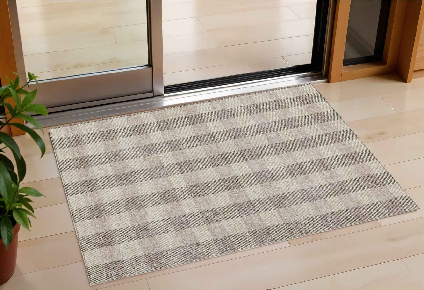 3' X 5' Beige And Brown Plaid Washable Indoor Outdoor Area Rug