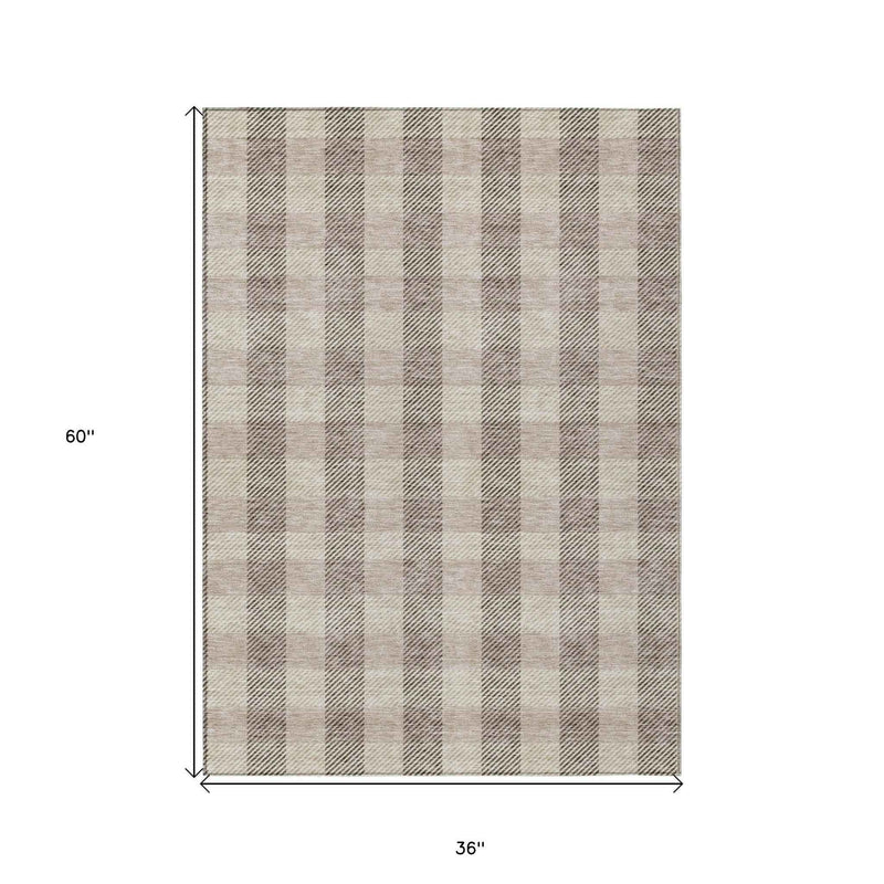 3' X 5' Beige And Brown Plaid Washable Indoor Outdoor Area Rug