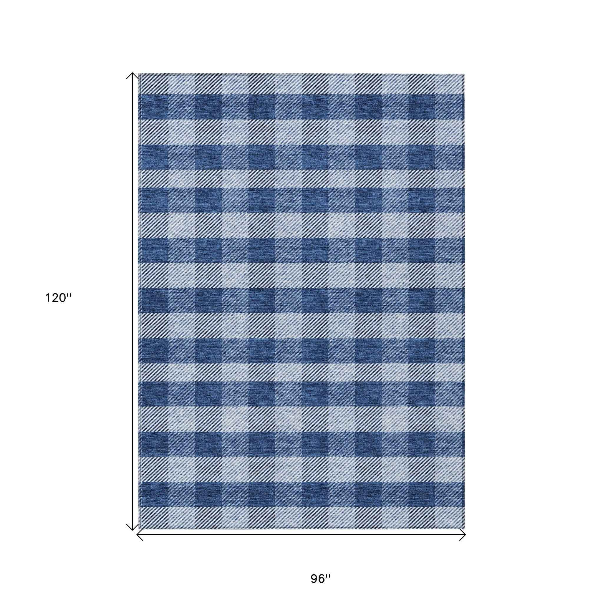 8' X 10' Navy Blue And Ivory Plaid Washable Indoor Outdoor Area Rug