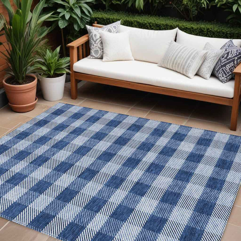 8' X 10' Navy Blue And Ivory Plaid Washable Indoor Outdoor Area Rug