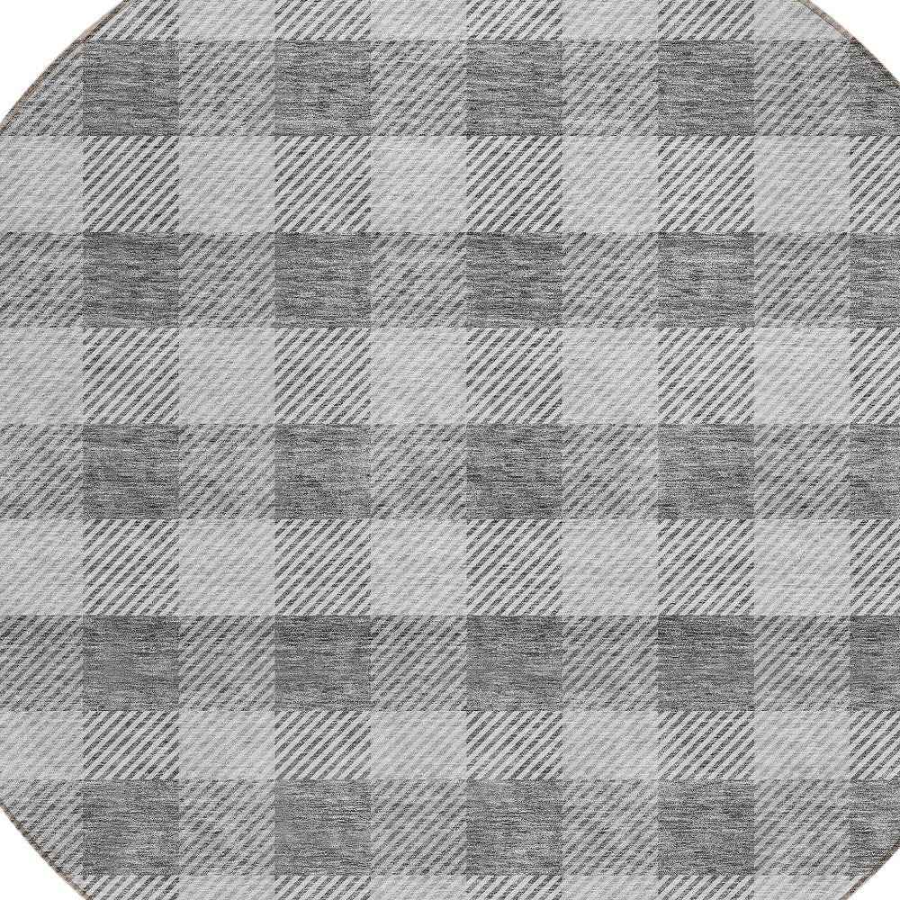 8' Gray And Charcoal Round Plaid Washable Indoor Outdoor Area Rug