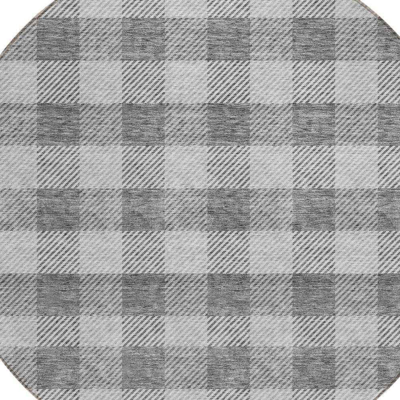 8' Gray And Charcoal Round Plaid Washable Indoor Outdoor Area Rug