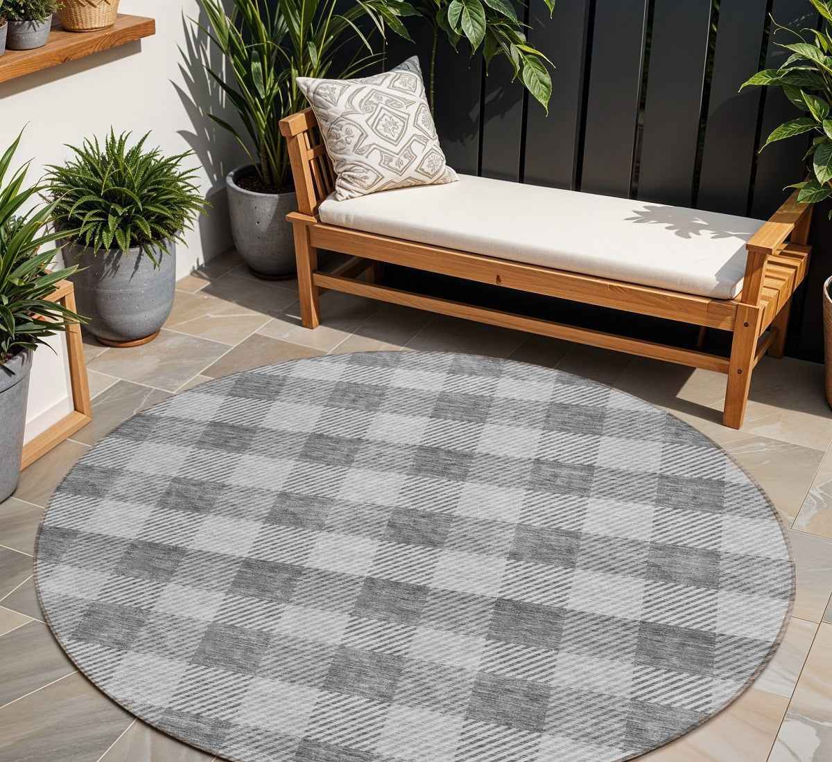 8' Gray And Charcoal Round Plaid Washable Indoor Outdoor Area Rug