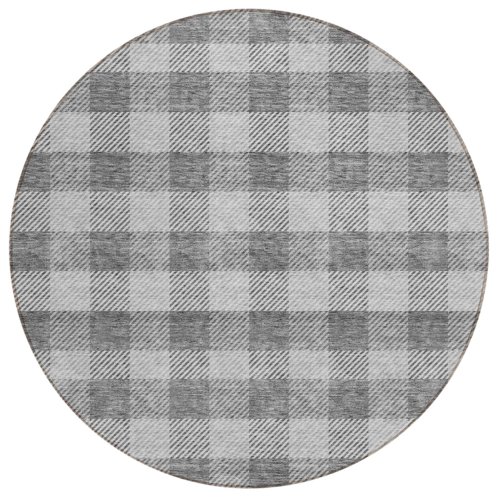 8' Gray And Charcoal Round Plaid Washable Indoor Outdoor Area Rug