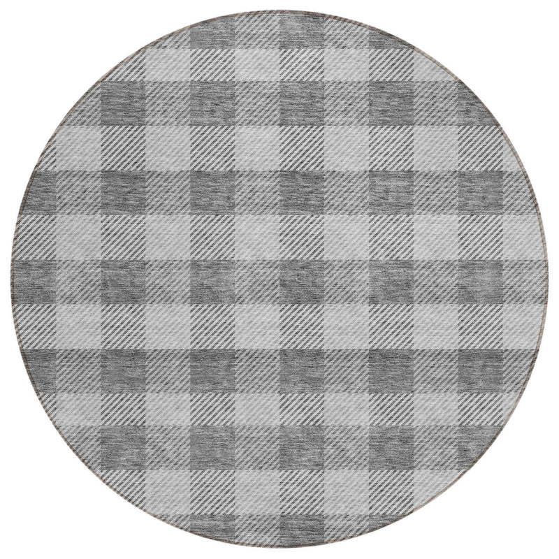 8' Gray And Charcoal Round Plaid Washable Indoor Outdoor Area Rug