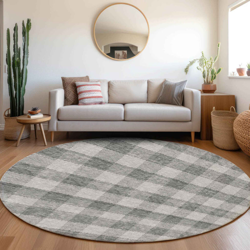 8' Gray And Charcoal Round Plaid Washable Indoor Outdoor Area Rug