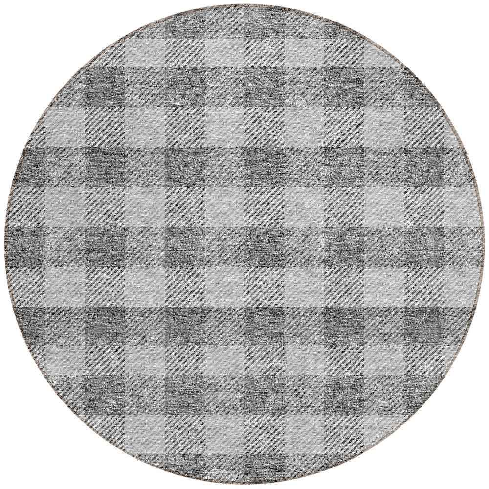 8' Gray And Charcoal Round Plaid Washable Indoor Outdoor Area Rug