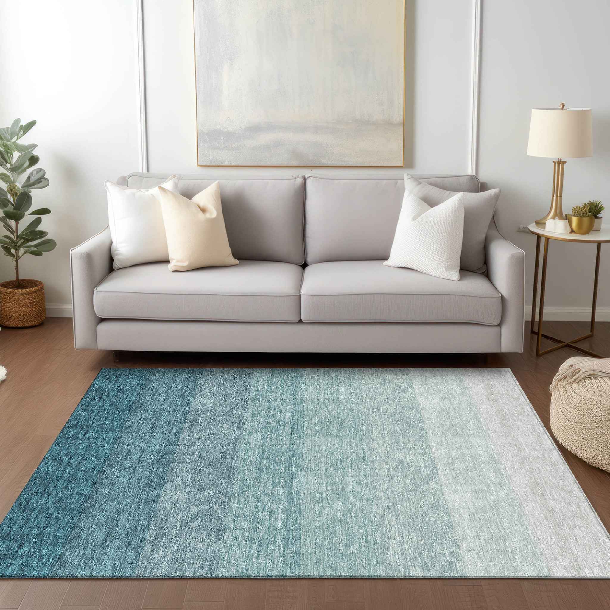 5' X 8' Teal Blue And Ivory Ombre Washable Indoor Outdoor Area Rug