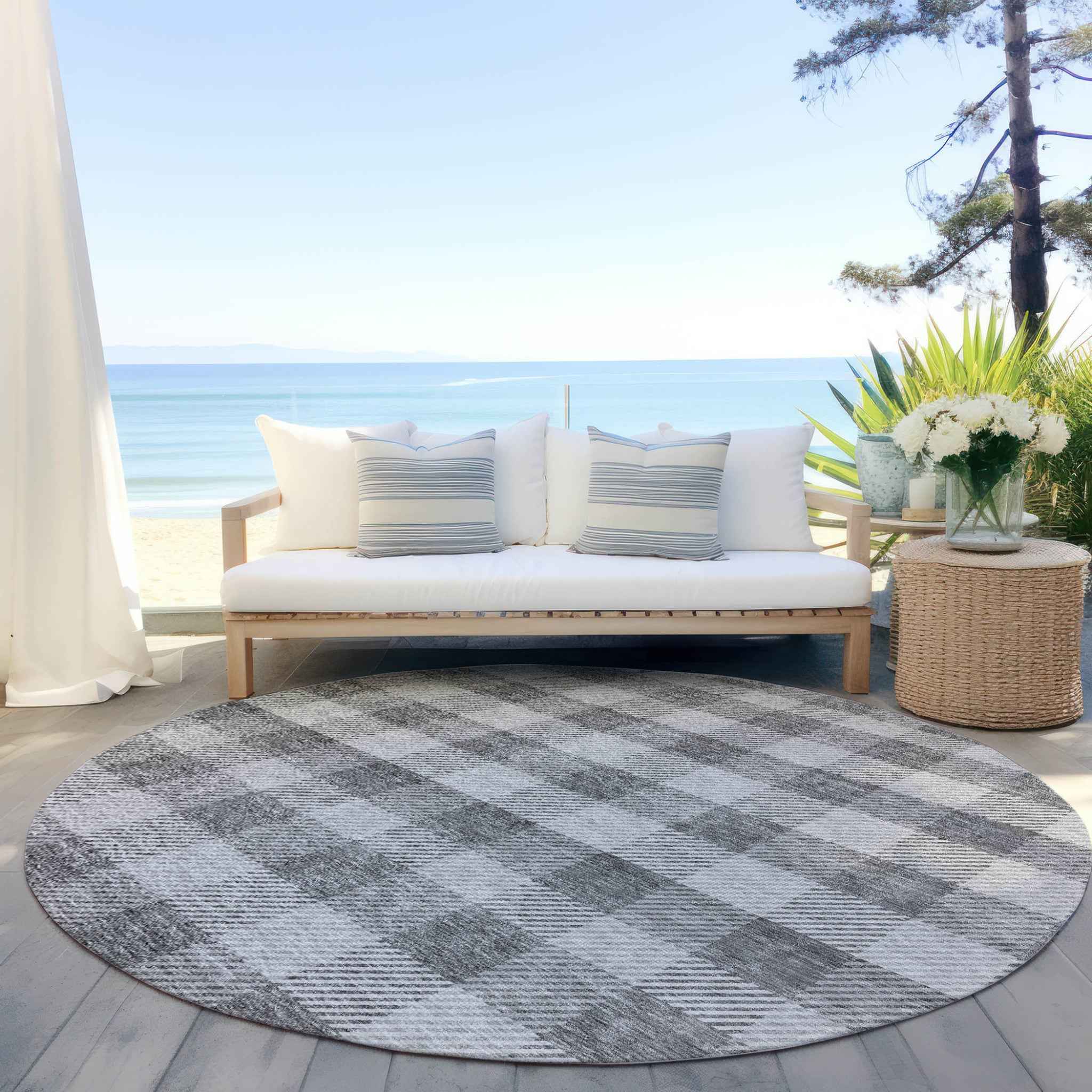 8' Gray And Charcoal Round Plaid Washable Indoor Outdoor Area Rug