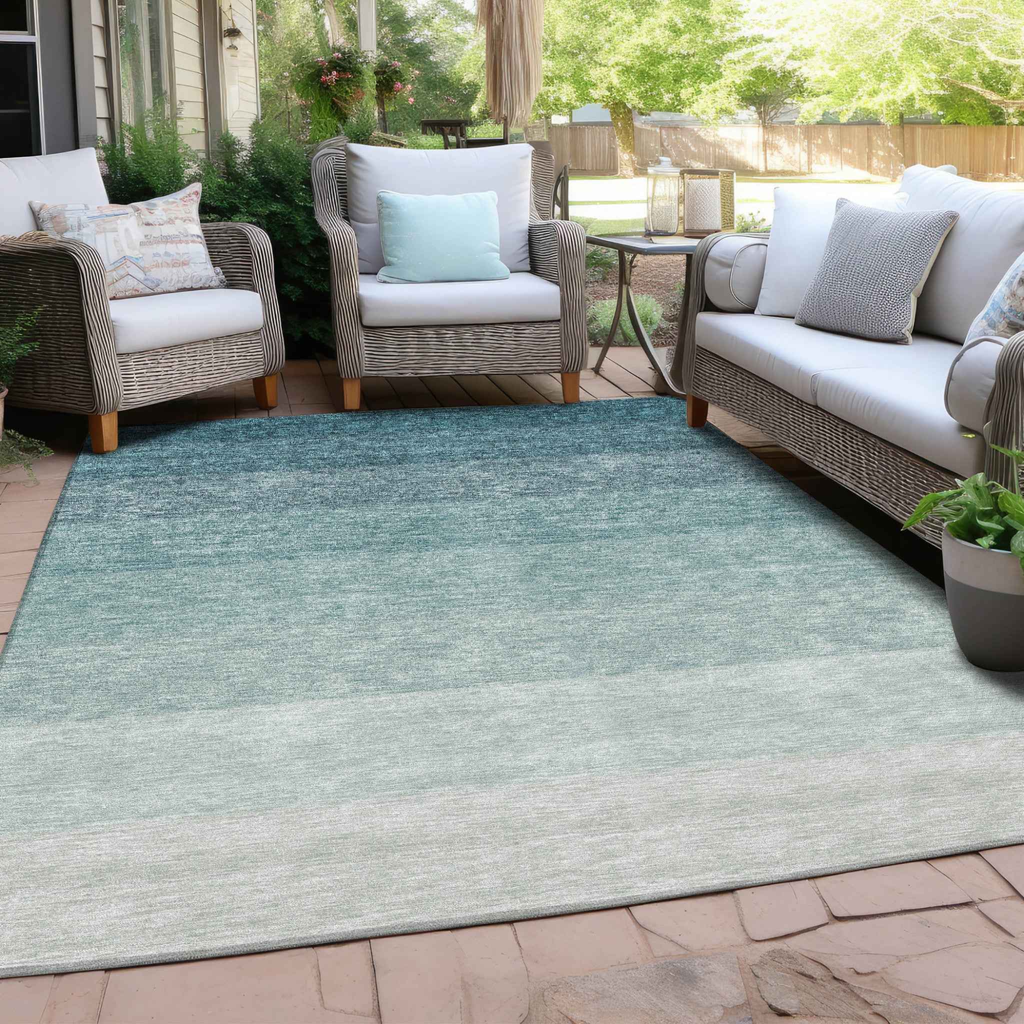 5' X 8' Teal Blue And Ivory Ombre Washable Indoor Outdoor Area Rug