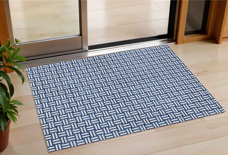 3' X 5' Navy Blue And Ivory Geometric Washable Indoor Outdoor Area Rug