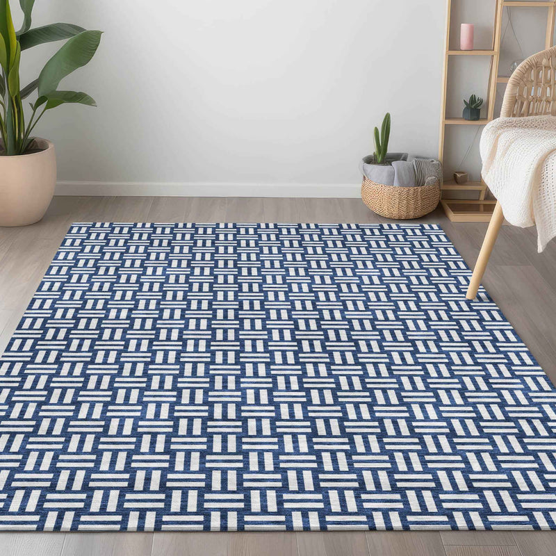 3' X 5' Navy Blue And Ivory Geometric Washable Indoor Outdoor Area Rug
