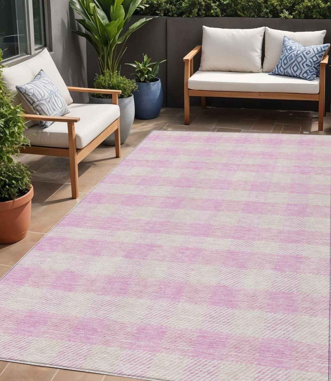 5' X 8' Pink And Gray Plaid Washable Indoor Outdoor Area Rug