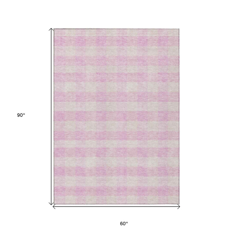5' X 8' Pink And Gray Plaid Washable Indoor Outdoor Area Rug
