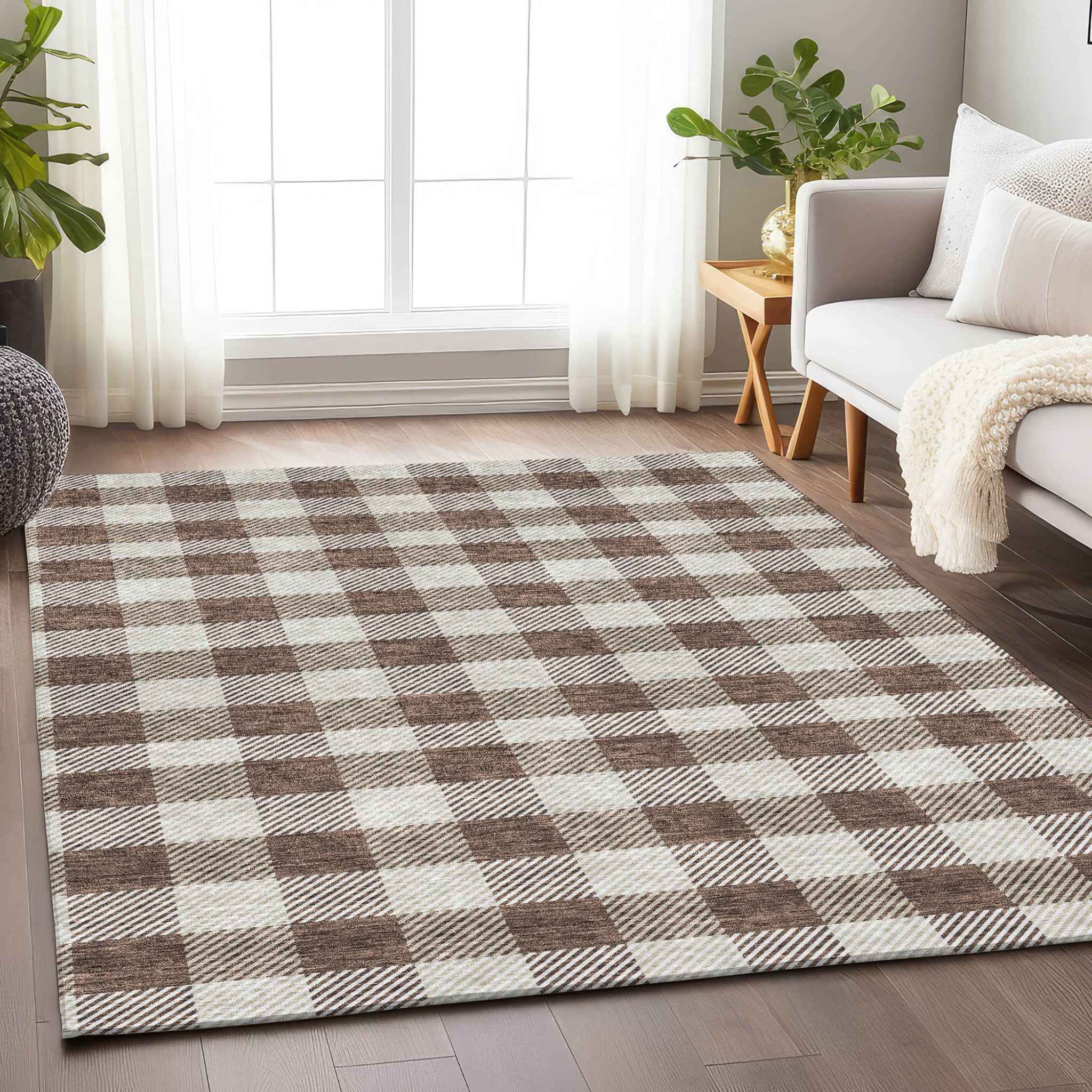 9' X 12' Brown And Beige Plaid Washable Indoor Outdoor Area Rug