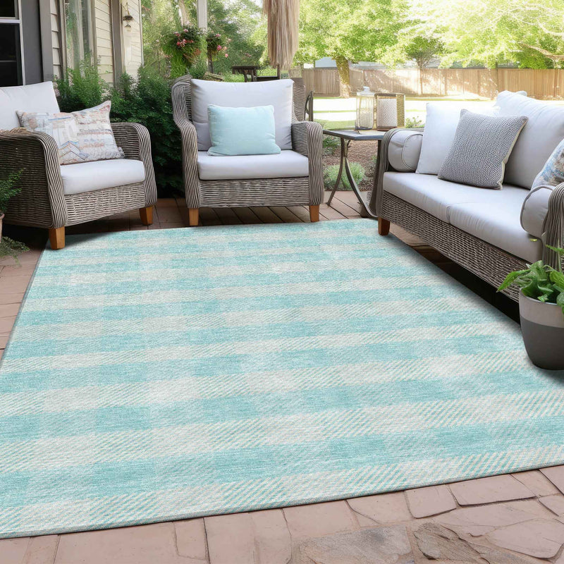 8' X 10' Aqua And Ivory Plaid Washable Indoor Outdoor Area Rug