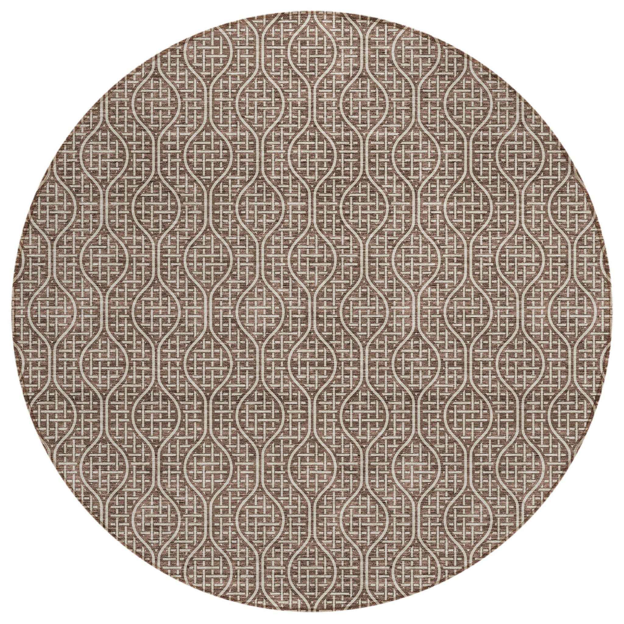 8' Brown And Beige Round Geometric Washable Indoor Outdoor Area Rug
