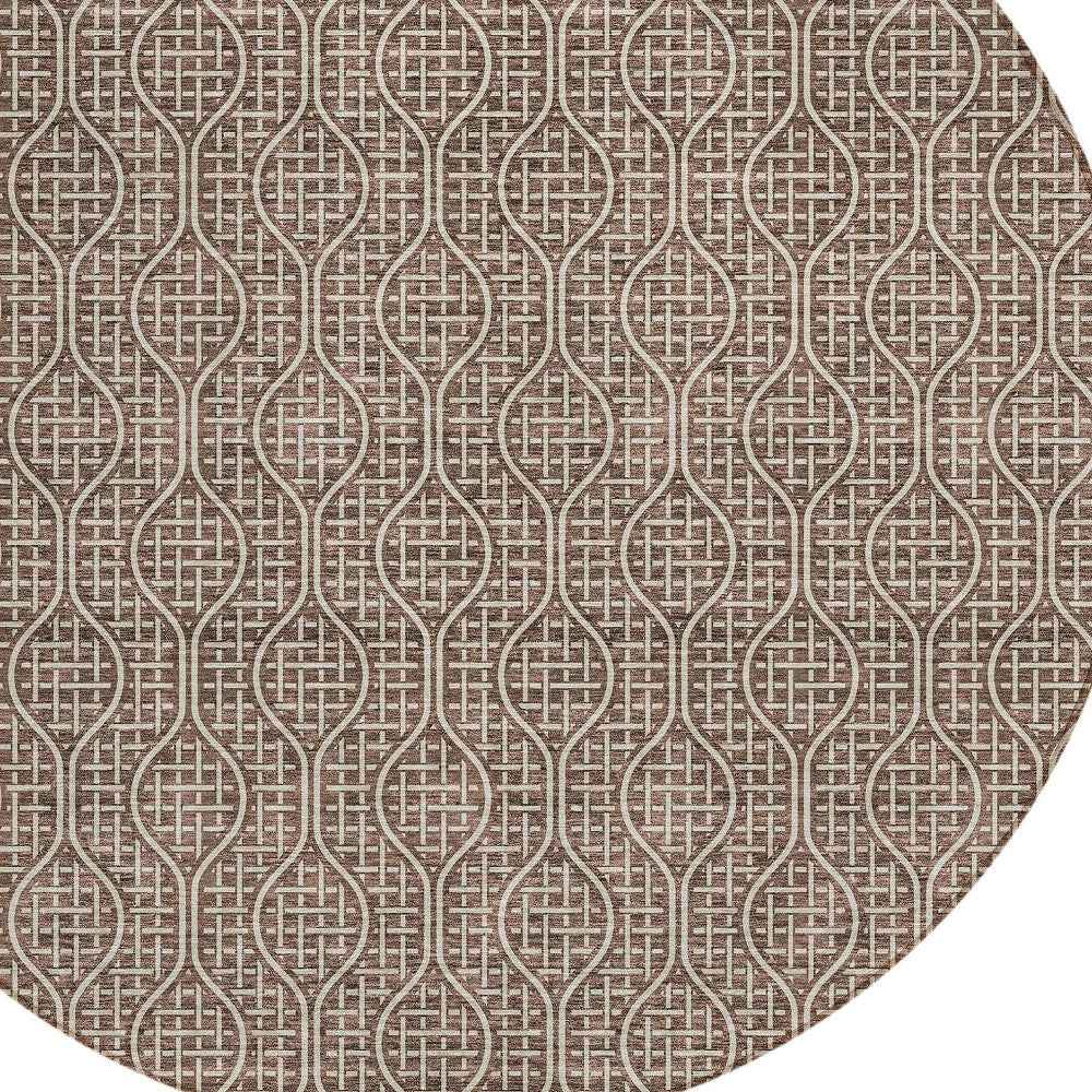 8' Brown And Beige Round Geometric Washable Indoor Outdoor Area Rug