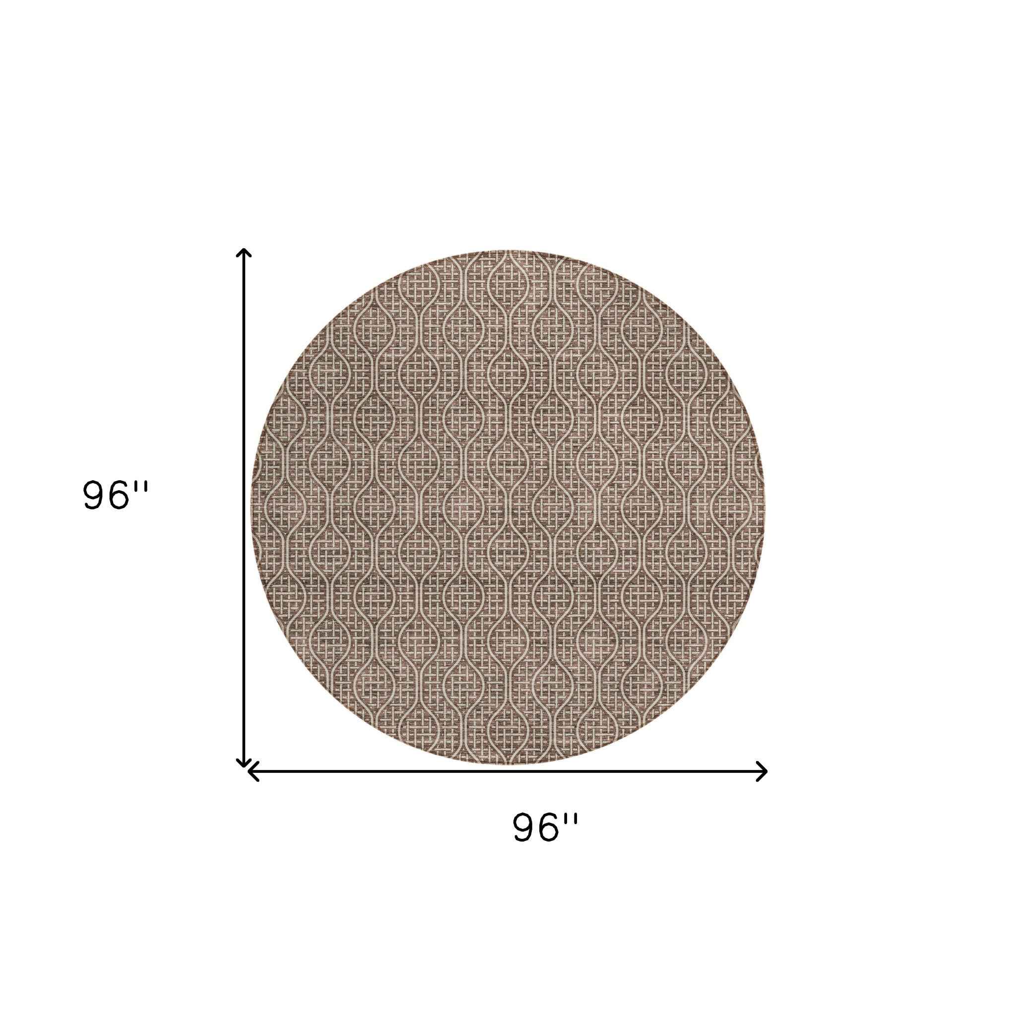 8' Brown And Beige Round Geometric Washable Indoor Outdoor Area Rug