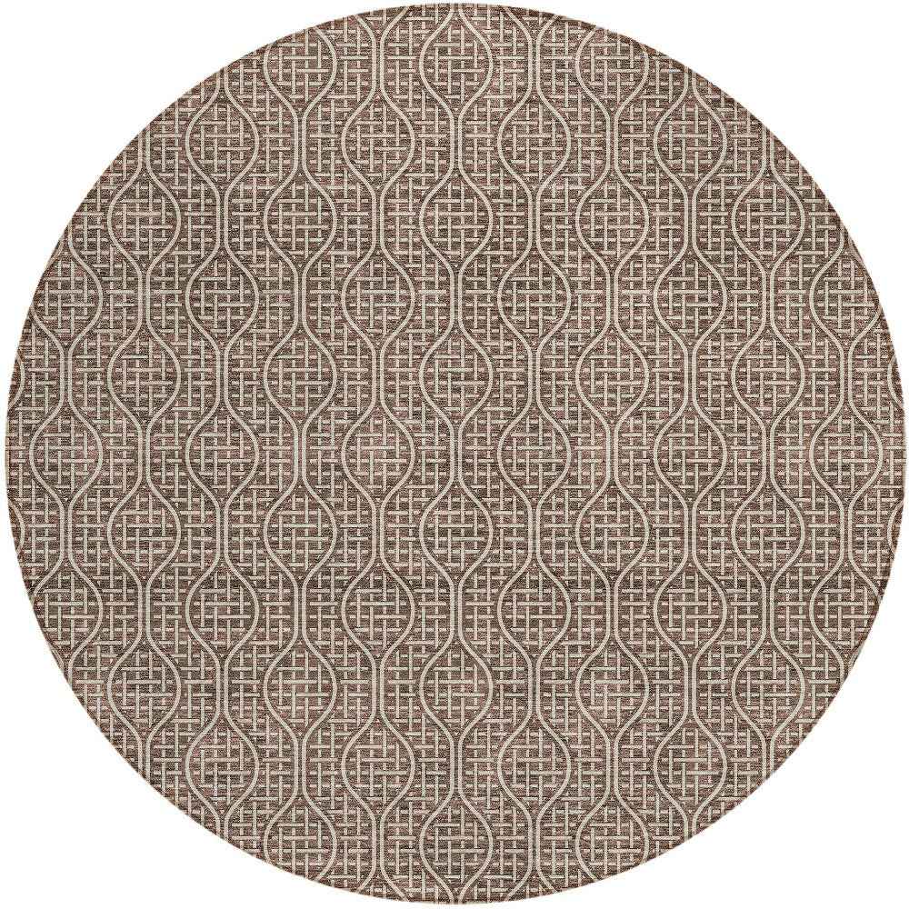 8' Brown And Beige Round Geometric Washable Indoor Outdoor Area Rug