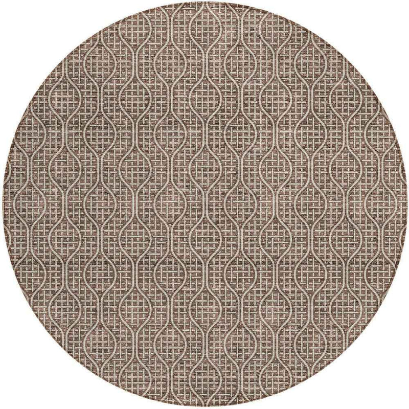 8' Brown And Beige Round Geometric Washable Indoor Outdoor Area Rug