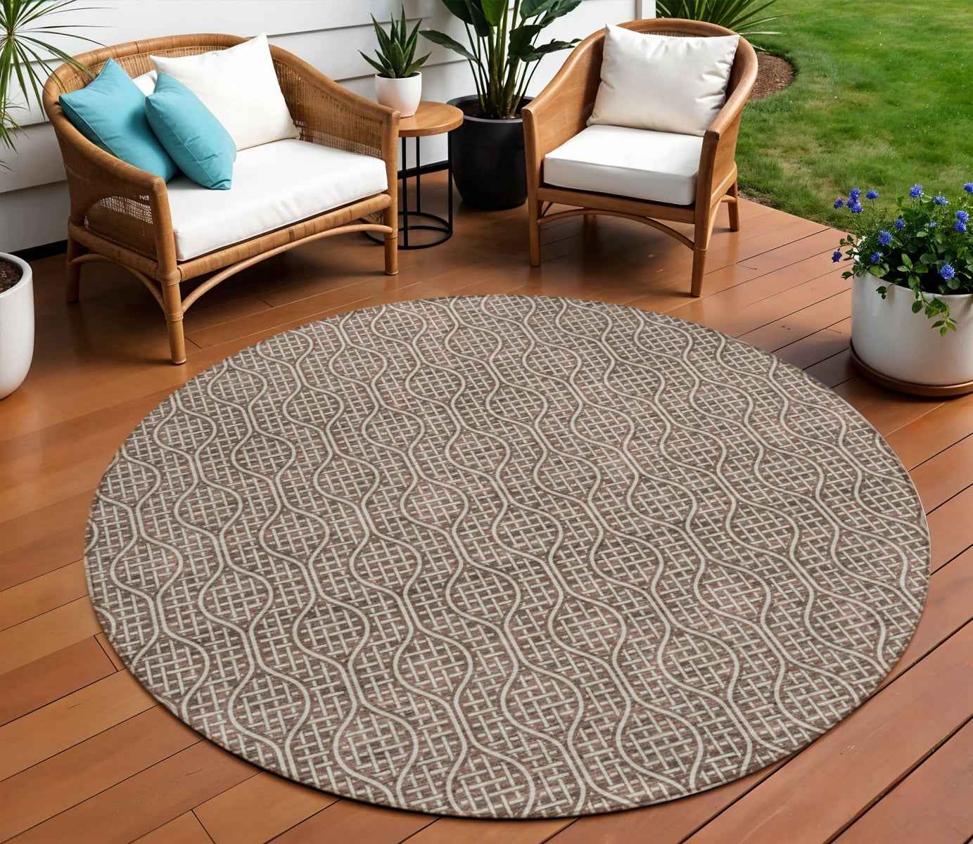 8' Brown And Beige Round Geometric Washable Indoor Outdoor Area Rug