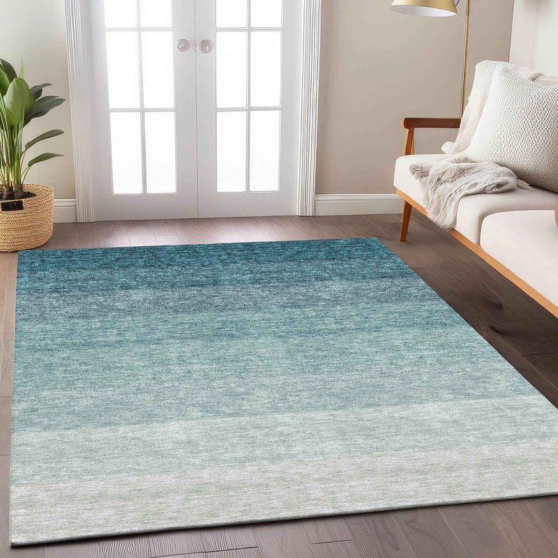 3' X 5' Teal Blue And Ivory Ombre Washable Indoor Outdoor Area Rug