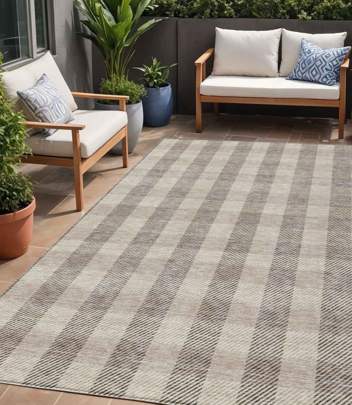 5' X 8' Beige And Brown Plaid Washable Indoor Outdoor Area Rug