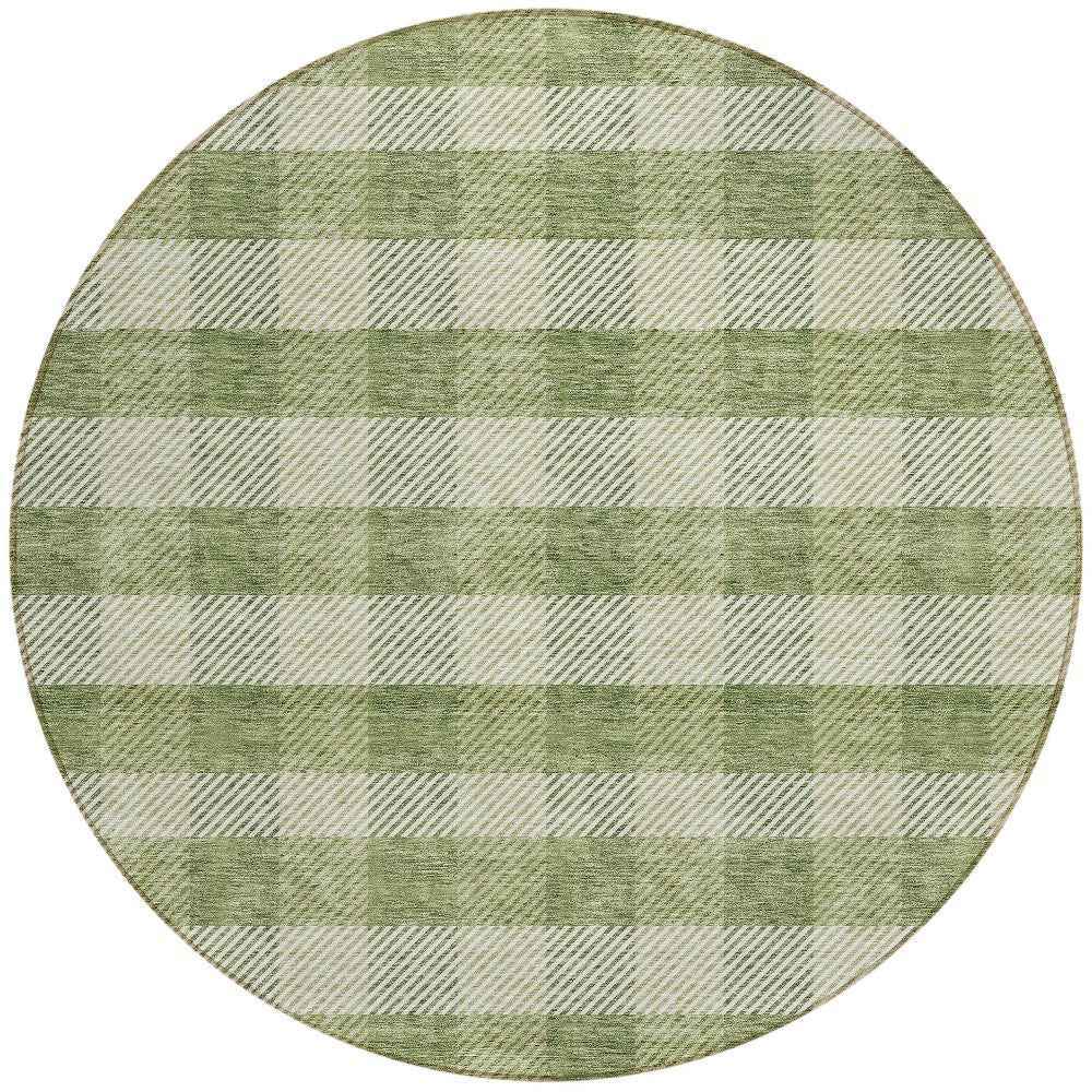 8' Green And Light Green Round Plaid Washable Indoor Outdoor Area Rug